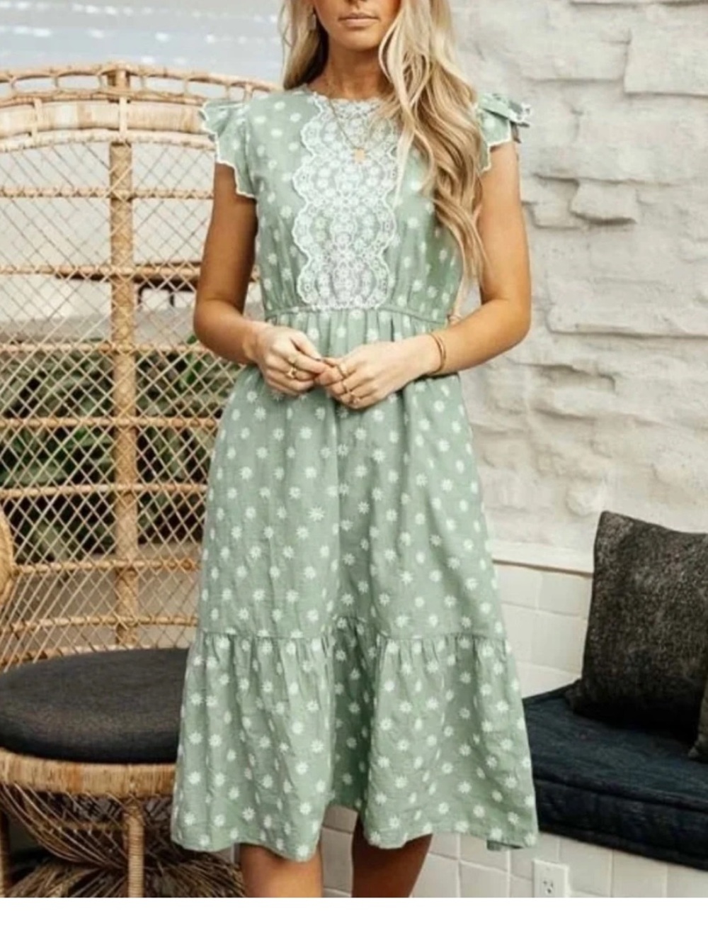 bohme Sage Green Embroidered Floral Midi Dress Size M Boho Cottagecore Prairie